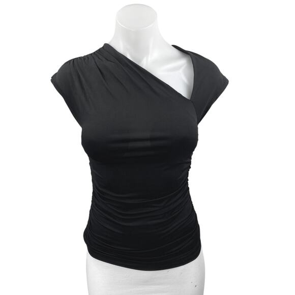 Zara Black Asymmetric Neck Ruched Fitted Short Sleeve Crop Blouse Top Size S - Picture 1 of 3